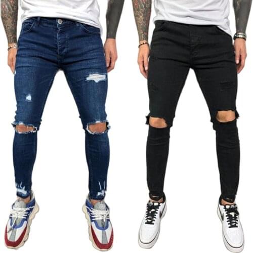 Fashion Mens Cool Designer Brand Black Blue Jeans Exercise Skinny Ripped Destroyed Stretch Slim Fit Street Motorbike Mens Jeans