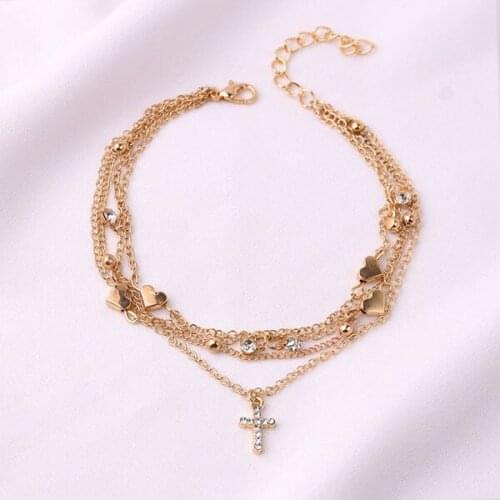 Fashion Jewelry Multi Layer Anklet Cross Pendant Heart Charms Anklets