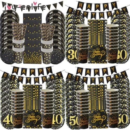 Black Gold 30 40 50 Years Anniversary Disposable Tableware Adult Birthday Party Decoration 30/40/50th Year Old Party Supplies