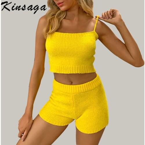 Solid Knitting Tank Tops 2 Pieces Set Lounge Wear Suits Summer Kinsaga Women Crop Top Sweater&Bodycon Mini Shorts Outfits Sets