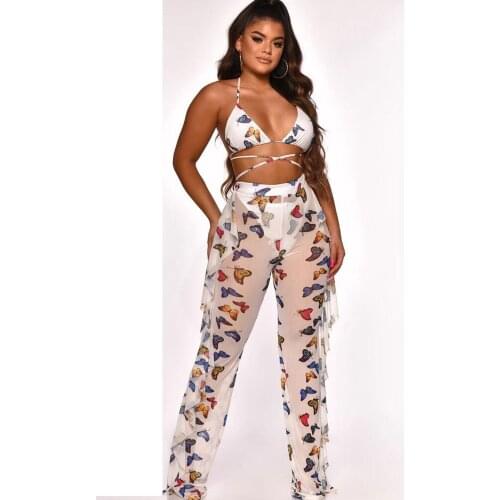 Wholesale evening party club sexy women two piece set bikini crop top + see through mesh wide leg pants trousers korean outfits
