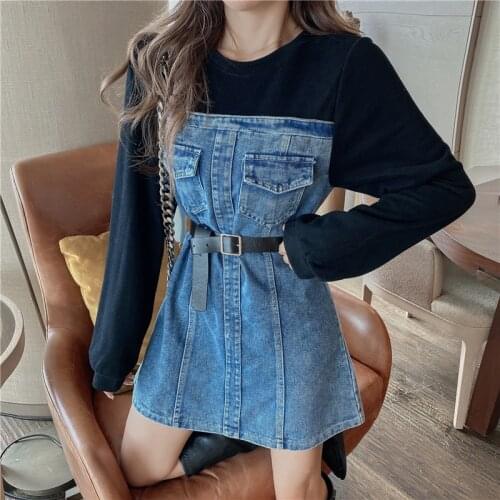 2021 Autumn Round Neck Sweater Sleeve Denim Dress Trend Contrasting Color Stitching High Waist Fake Two-Piece Female