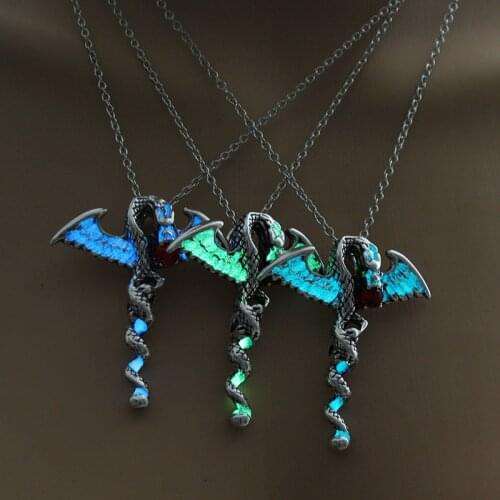 SteamPunk Necklace with Silver Color Dragon Shaped Glow in the Dark Pendant Necklace for Men Gift