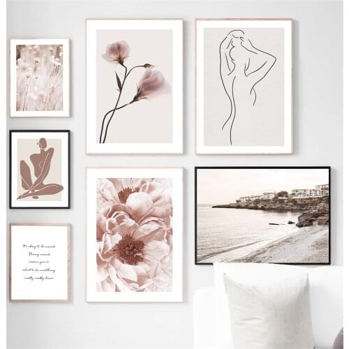 Beach Pink Flower Wall Art Poster Architecture Landscape Art Print Women Body Line Drawing Quotes Canvas Painting Home Decor