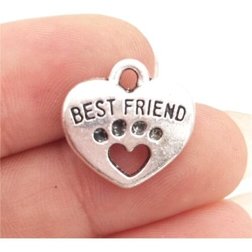 BULK 30 Zinc Alloy Word Best Friends Dog Cat Paw Print Charms Antique Silver Plated Heart Engraved Pendant 15*14mm 2.1g