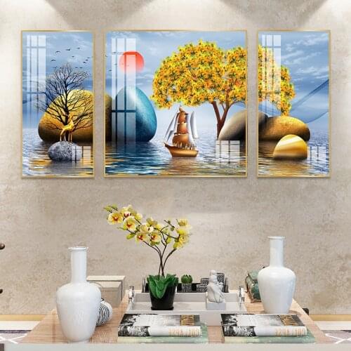 Crystal Porcelain Painting Fortune Money Tree Luck Feng Shui Scenery Wall Art Picture Canvas Print Paintings for Home Decoration