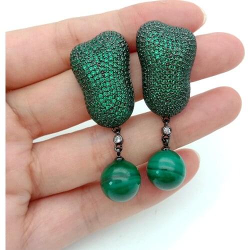 YYGEM Natural Malachite Gunmetal Green Cz Micro Pave Stud Drop Earrings