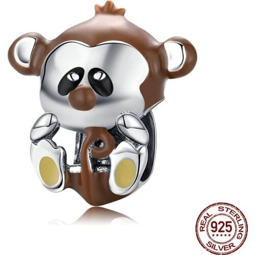 Genuine 100% 925 sterling silver accessories monkey charm pendant fit bangle enamel bead making women fine jewelry birthday gift