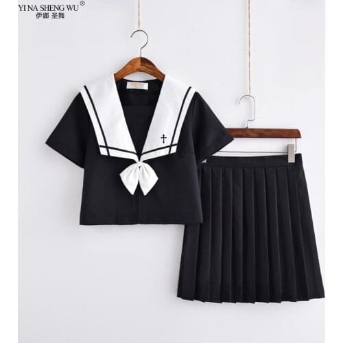 Cross Embroidery School Uniform High School Girl Sailor Suit Cosplay Costume Black Short Long Sleeve Japanese Anime Uniforms