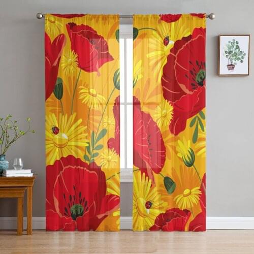 Red Flower Poppy Daisy Sheer Curtains for Living Room Tulle Curtain for Bedroom Kitchen Window Voile Curtains