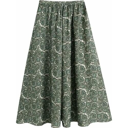 2021 Women Summer Vintage Print Midi Skirt Chic Pleated Elastic Waist Streetwear Ladies Skirts Casual Faldas Vestidos Mujer