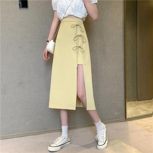 Irregular slit skirt womens mid-length 2021 new design niche high-waisted thin a-line skirt summer Straight Natural Casual