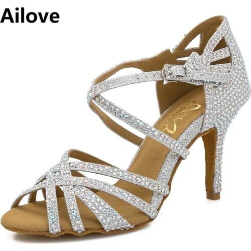 Ailove Women Party Dance Shoes Shining Rhinestones Soft Bottom Latin Dance Sandals Female Salsa Dance Heels Silver Glitter S015