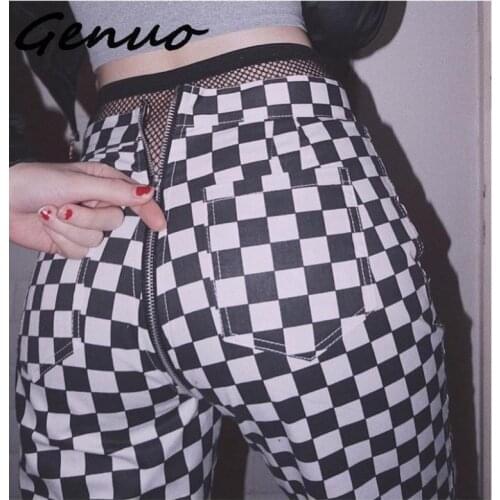 Genuo New Plaid Zipper Checkered Straight Pants Women Fashion Casual Slim Pockets Long Pants Black White Pencil Pantalon Femme