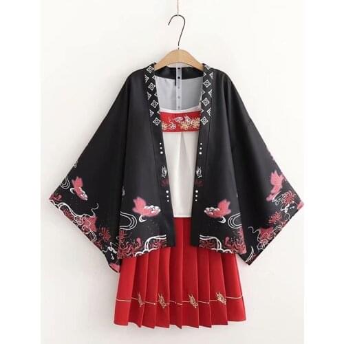 Women Dress Sets 2021 Summer 3 Piece Set Black Kimono Cardigan Red Hight Waist Pleated Skirts And White Sleeveless Camisole
