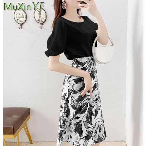 Summer Dress Suit Women New Elegant Slim Crop Top T-shirt Printed Midi Skirt Two-piece Korean Elegant Plus Size Sexy Dresses Set