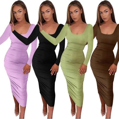 Womens Square Neck Long Sleeve Slim Pleated Sexy Dress Soild Sexy Bodycon Slim Elegant Dress Ladies Casual Pencil Dresses