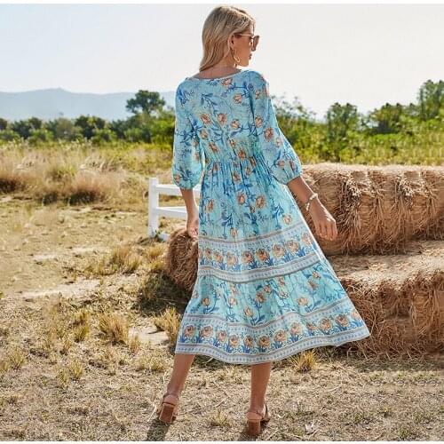 Dress Bohemian Print Women Summer Fashion Outfits 2021 Half Sleeve V Neck Long Maxi Dresses Boho Clothing Beachwear Dropshipping