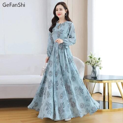 Plus Size 2021 New Summer Vintage Women Dresses Casual Long Sleeve Print Chiffon Elegant Lady Dress Fashion Slim Office Dress