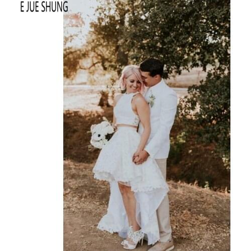 E JUE SHUNG Two Pieces Wedding Dresses Halter Neck High Low Lace Wedding Gowns vestido de noiva Summer Beach Bridal Dresses
