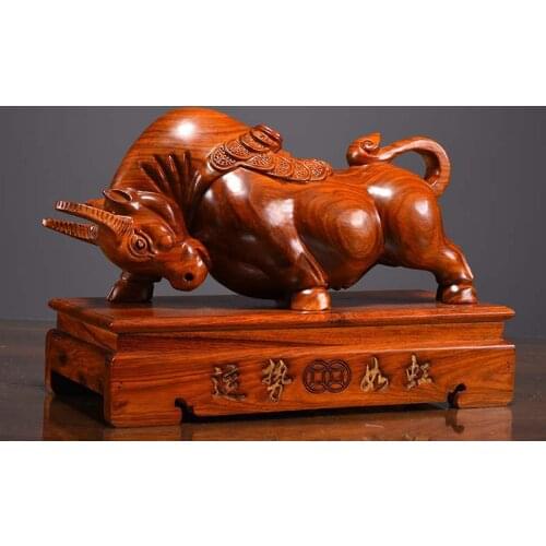 40cm Large HOME SHOP Company Business stock market GOOD LUCK Talisman Money Drawing money Bull Rosewood HAND carving art statue