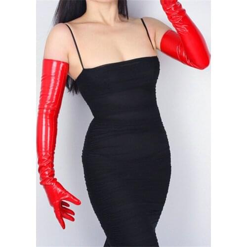 70cm Extra Long Leather Gloves Emulation Leather Slim Hand Sexy Female Big Red Patent Leather Red Women Gloves WPU09-70