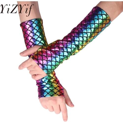 Adult Halloween Costume Accessory Mermaid Fish Scale Pattern Arm Sleeves Women Sexy Fingerless Long Gloves Photography Props