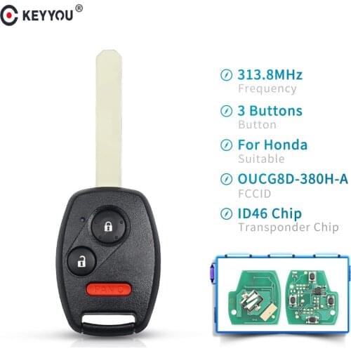 KEYYOU Car Entry Remote Key 3 Buttons 313.8Mhz With ID46 Chip OUCG8D-380H-A Fob For Honda Accord Fit Civic Odyssey 2003-2007