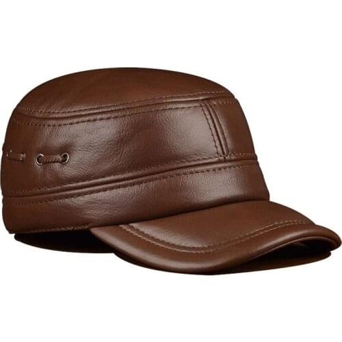 Elegant Genuine Leather Hat Autumn Winter Warm Cowhide Leather Military Hats For Men Women High Quality Brands Flat Cap H724