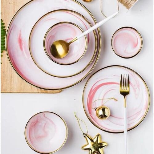 Pink Marbe Dinnerware Dinner Plates Lunch Plates Fruit Salad Deep Plate Tableware Wedding Decoration Kitchen Accessories
