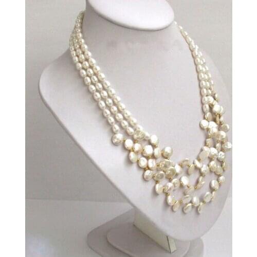 20" 3row white round coin rice Pearls Necklace