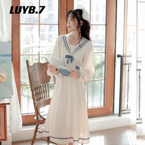 Summer Harajuku Sailor Collar Navy Dress Japanese Lolita Sweet Bow-knot Girl retro Cotton Kawaii Preppy Style Long Sleeve Dress