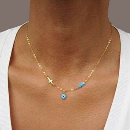 New Necklace 2020 Fashion Jewelry for Women Blue Beads Cross Necklace Choker Jewelry Accessories Wholesale Collares