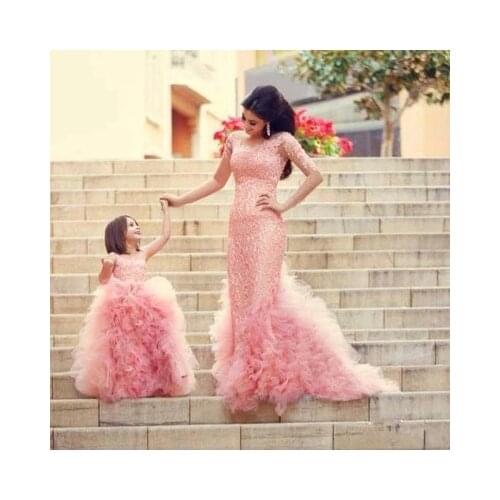 Adorable Sweet Girl Pageant Dress Lace Appliques Ruffled Zipper Up Peach Organza Tulle Ball Gown Child Wedding Dress Party