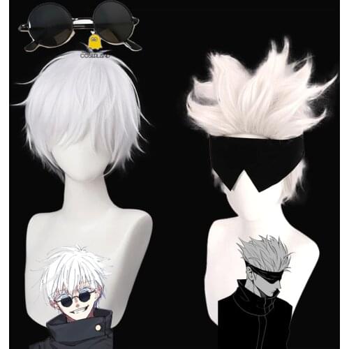 Anime Gojo Satoru Cosplay Wigs Anime Jujutsu Kaisen Short White Hair Eye Patch Black Glasses Wig Cap Men Women Party Wig