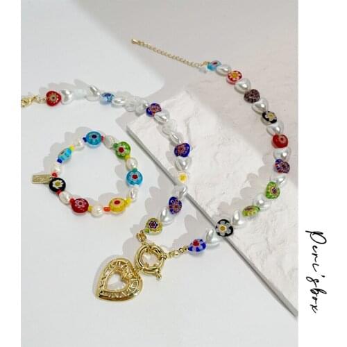 PerisBox Coloured Glaze Heart Imitation Pearls Necklaces With Copper Love Pendant Summer Beach Bohemia Bracelets Necklace Sets