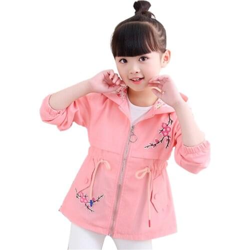 4 6 8 10 12 14 Year Girls Floral Embroidery Trench Jacket Girl Spring Autumn Hooded Coat Clothes kids School Long Sleeve Jackets