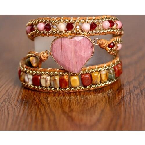 Luxury Heart Shape Wrap Bracelets W/ Jaspers Crystal 3 Strands Leather Chain Bracelet Fashion Jewelry