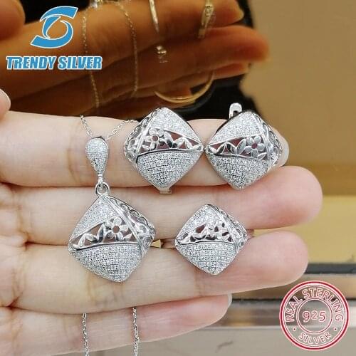 Complete pure 925 sterling silver zirconia clear CZ luxury jewelry set ring earrings for woman pendant necklace trendy design