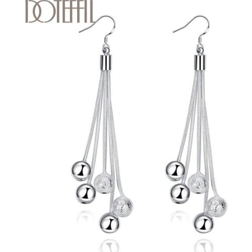 DOTEFFIL 925 Sterling Silver Frosted Bead Tassel Drop Earrings Charm Women Jewelry Fashion Wedding Engagement Party Gift