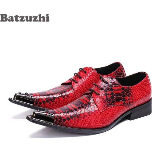 Batzuzhi Western Fashion Men Shoes Scales Pattern Leather Dress Shoes Men Red Wedding Men Shoes Zapatos Hombre Lace-up Metal Tip