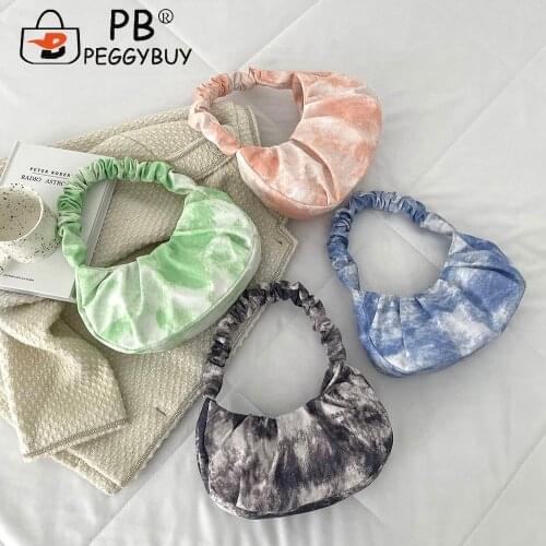 Fashion Tie Dye Printing Shoulder Underarm Mini Bag Women Casual All-match Canvas Pleated Handbags Portable Evening Party Purse