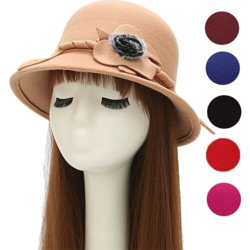 New Autumn Winter Hats for Women Ladies Wool Felt Hats Casual Flower Fur Ball Formal Fedoras Female Bucket Bowler Hat