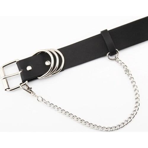 Punk Women Belts With Chain Silver Buckle Wide PU Leather Waist Strap For Jeans Trousers Casual Black Ladies Female Waistband