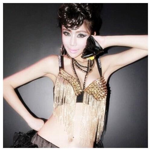 Sexy Bras Women Party 2021 New All-over Spike Rivet Metallic Punk Dance Push Up Bra Nightclub Costumes Bras Tassels Golden