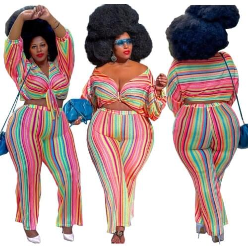 Women Striped Print Full Sleeve Tops and Long Pant Leggings Matching Set 2 Pieces Outfits Suit Vacation Tracksuits Plus Size