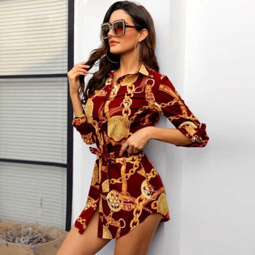 2021 New Summer Sexy Chain Print Short Dress For Women Casual Full Sleeve Polo Collar Ladies Bandage High Low Shirt Dress Female