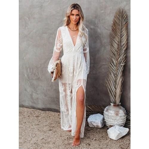 Summer New Womens Clothing Lace Dress Long-sleeve V-neck Hollow Out Beach Dress V-neck Embroidered White Maxi Dress