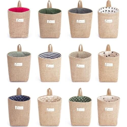 1pcs Home Decor Stripe Hanging Pocket Small Sack Sundries Organizer Cosmetic Organiser Cotton Linen Storage Bag Storage Baskets