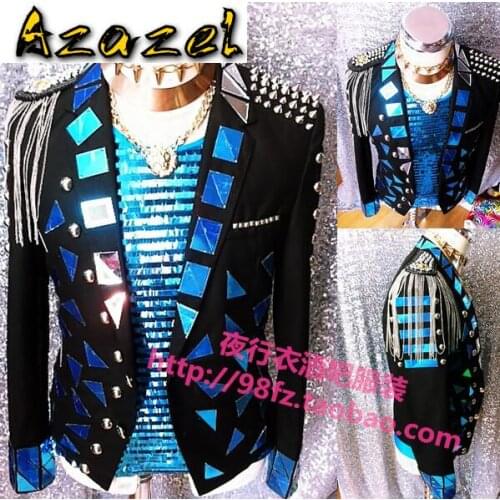 Azazel New Male Singer Blazer Rock Performance Outerwear Mens Luxury Handmade Slim Jacket Stage Sequins Mirrors suit Costume